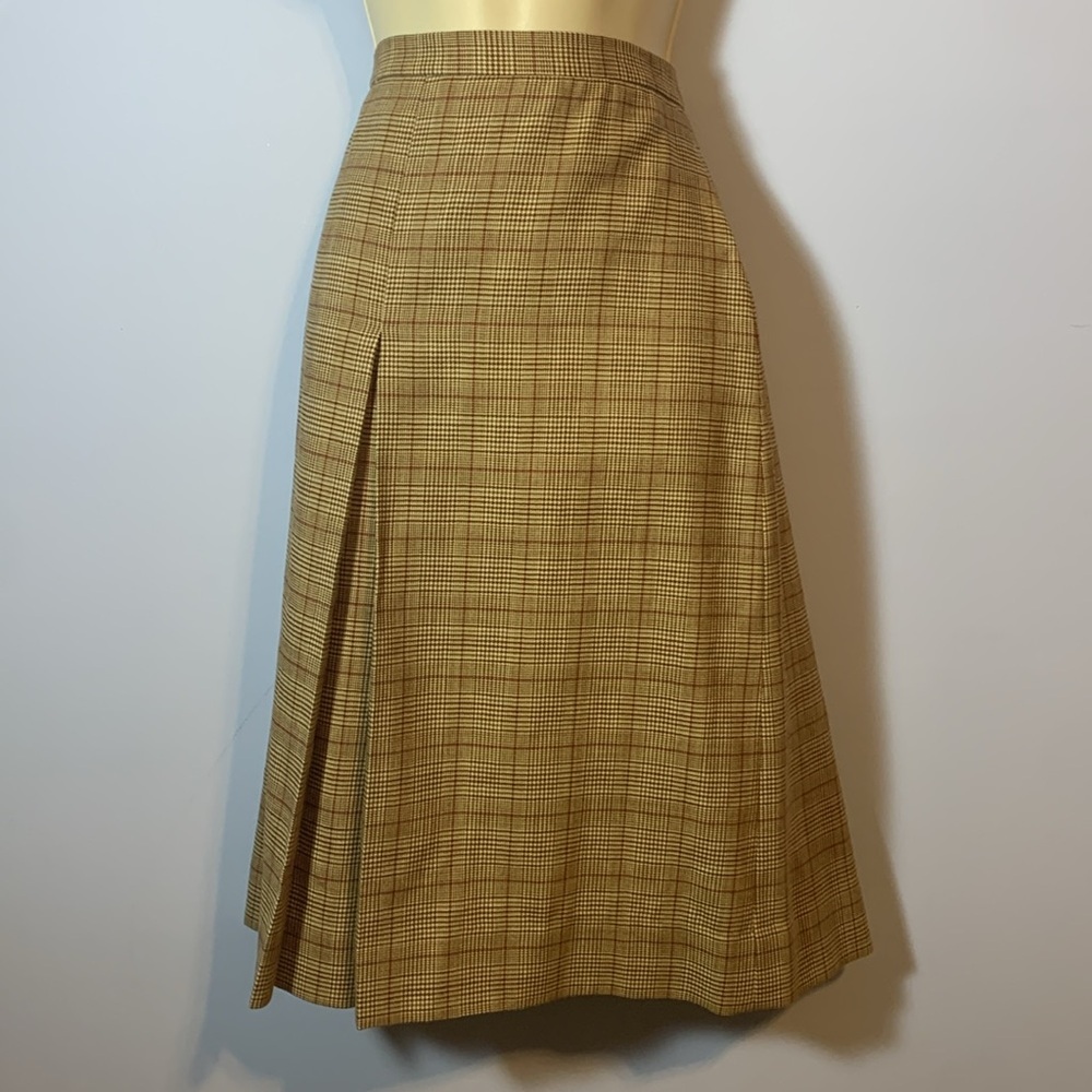 Brooks Brothers Plaid A-Line Midi Skirt in Tan and Brown Checks